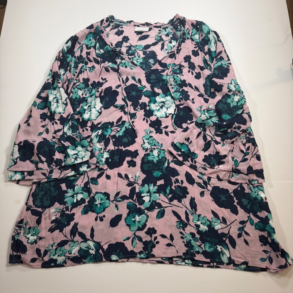 J. Jill Floral Rayon Tunic‎ Top Pink Teal 1X Womens Bell Sleeve Split Neck Tie